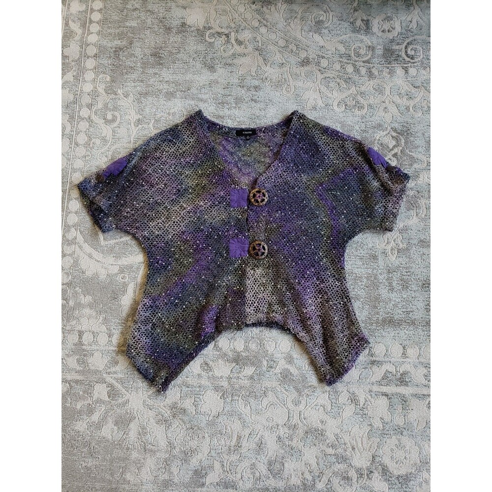Kaktus Open Knit Cardigan Sz XL Purple Green Asymmetrical Artsy Fairy Boho Mesh